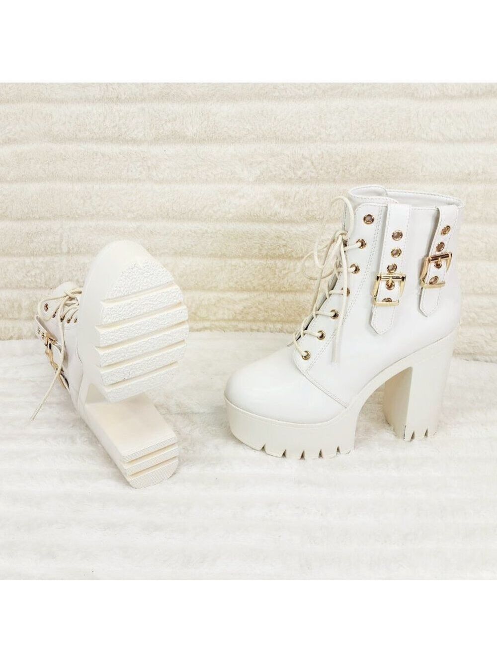 Linda Cream Off White Light Weight Chunky Platform Heel Ankle Boots - Picture 8 of 9